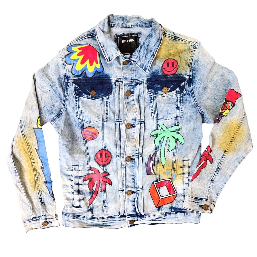 Reason Denim Jacket Mens L Acid Wash Graphic Smiley Skull Palm Tree Streetwear
